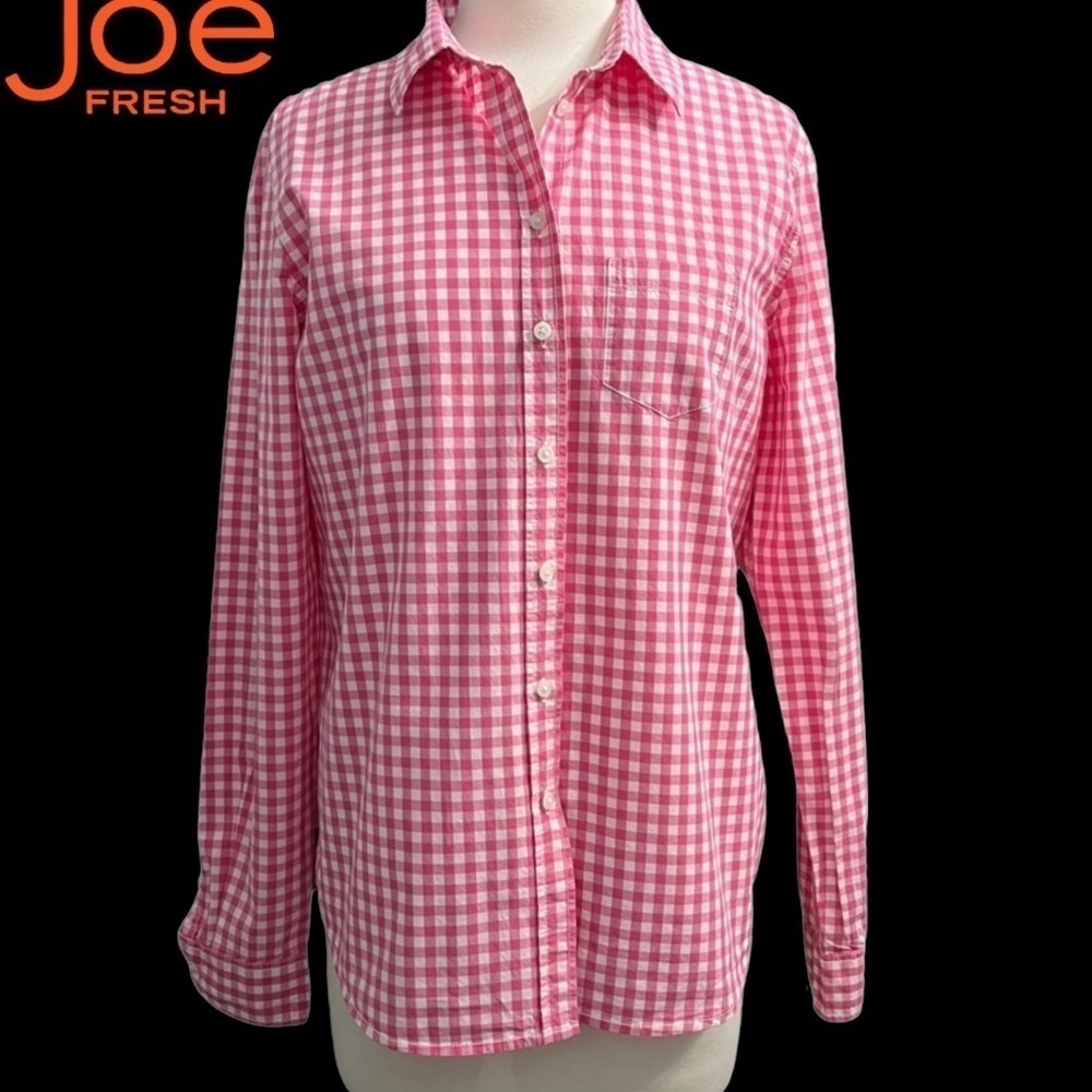 JOE FRESH (EUC) 100% COTTON GINGHAM BUTTON DOWN LONG SLEEVE SHIRT IN PINK SIZE M